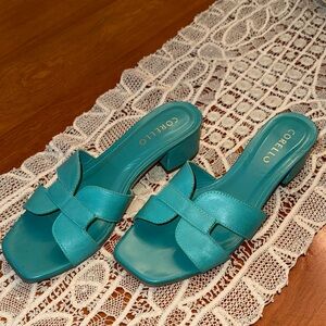 Women's Teal LEATHER  Slide Sandals